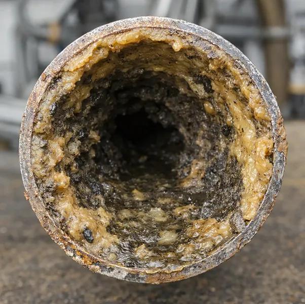 Innenansicht eines stark verschmutzten Abflussrohrs mit Fett- und Schmutzablagerungen