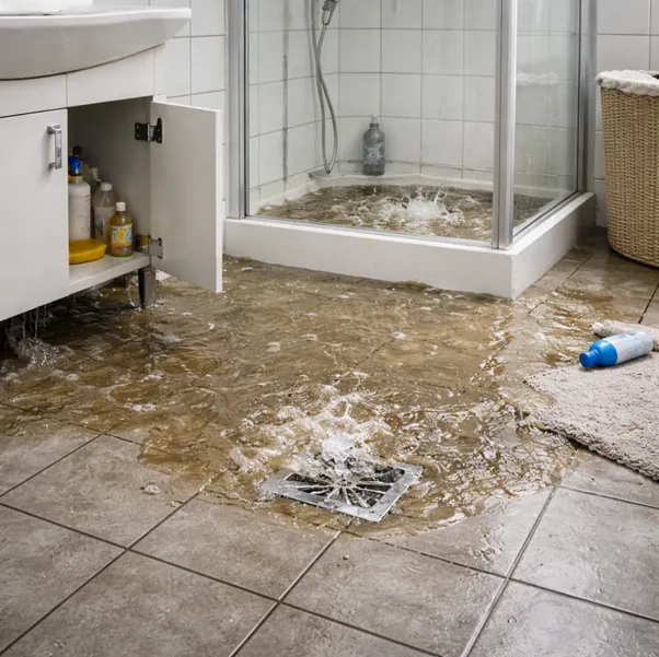 Überschwemmtes Badezimmer durch verstopften Bodenablauf